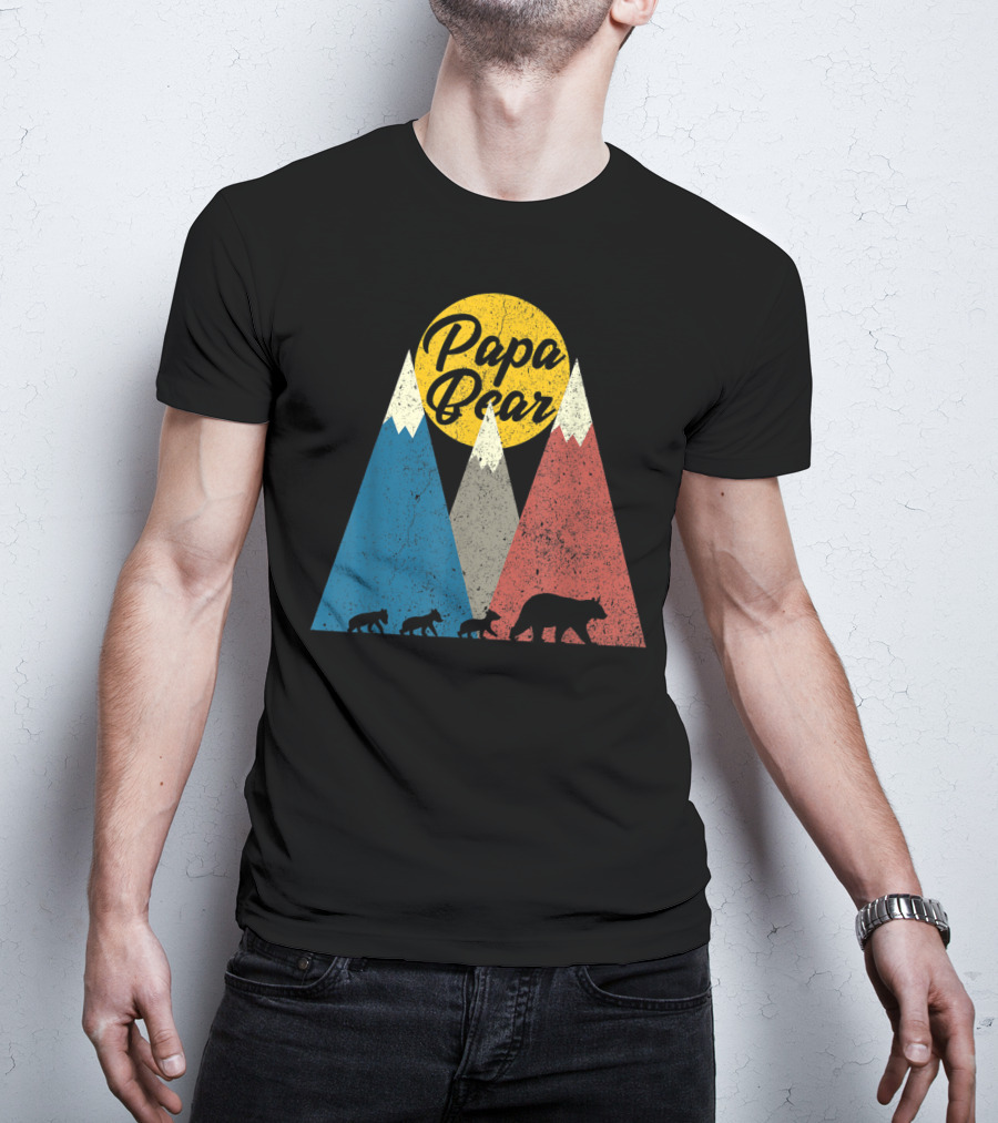 Papa Bear Three Cubs Mountains Retro Triplet Dad T-Shirt