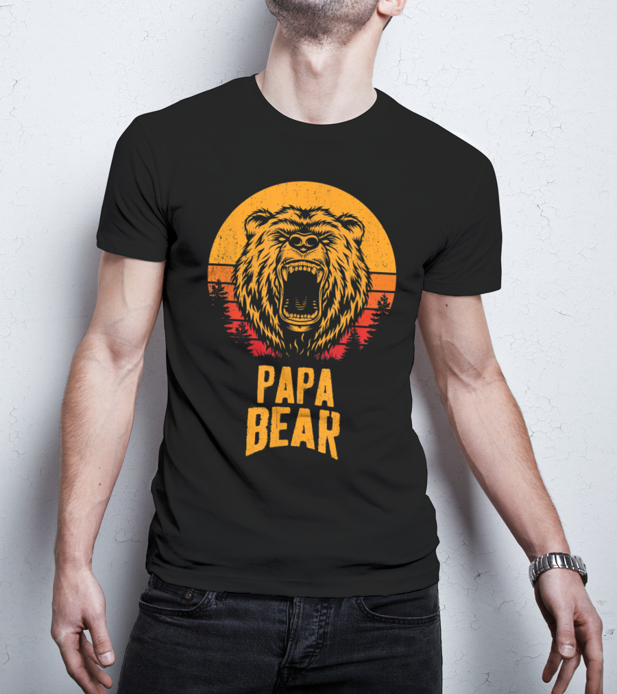 Papa Bear Father's Day Sunset Roaring Bear Forest Scene T-Shirt