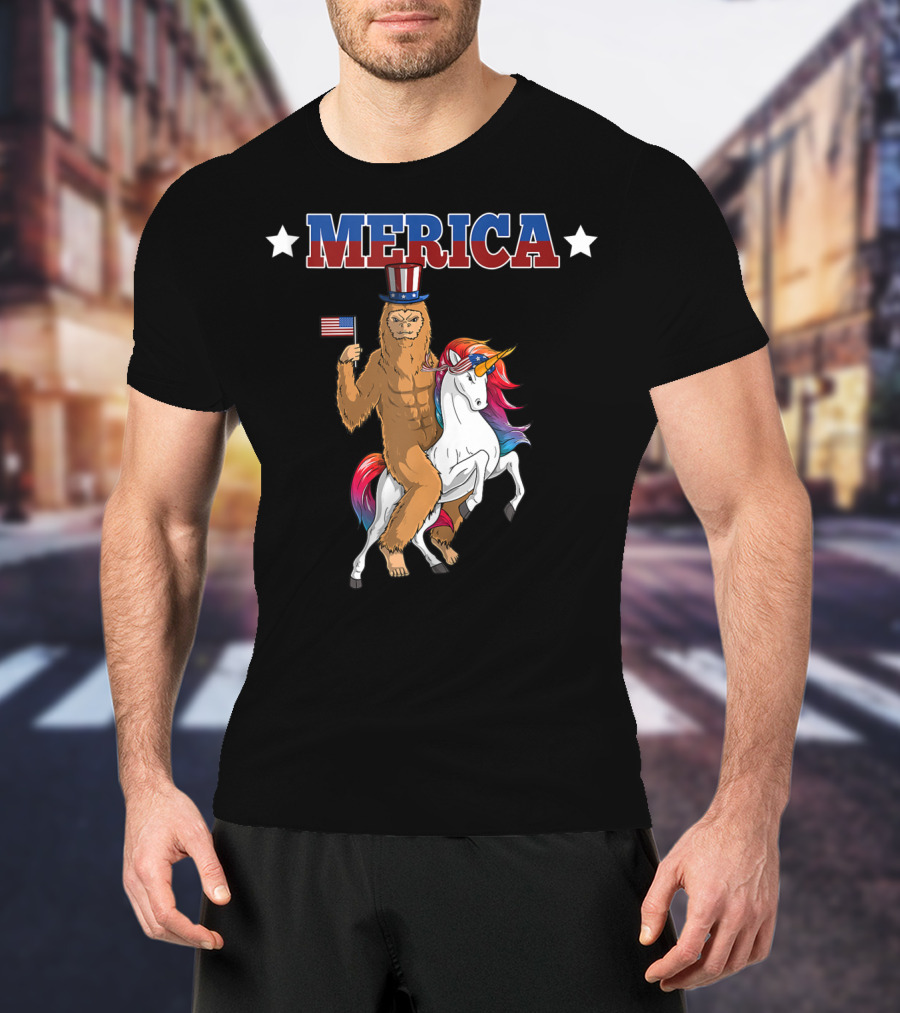 MERICA Bigfoot Riding A Patriotic Unicorn With American Flag T-Shirt