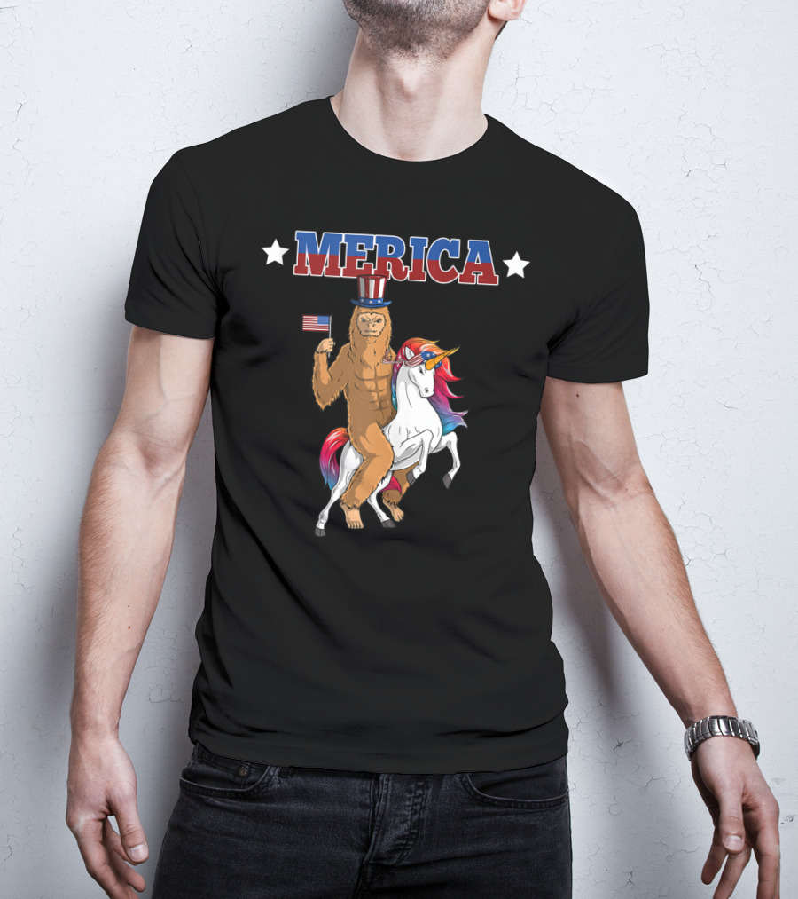 MERICA Bigfoot Riding A Patriotic Unicorn With American Flag T-Shirt