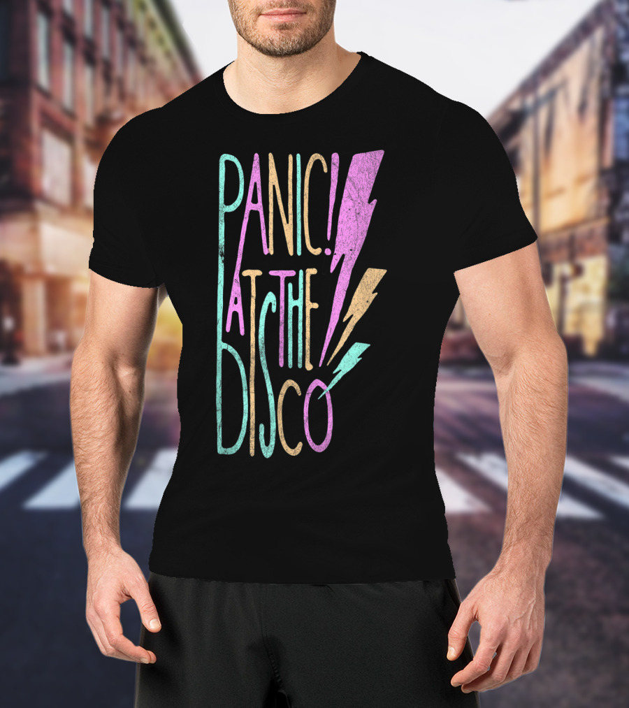 Panic At The Disco Lightning Multicolor Text With Decorative Bolts T-Shirt