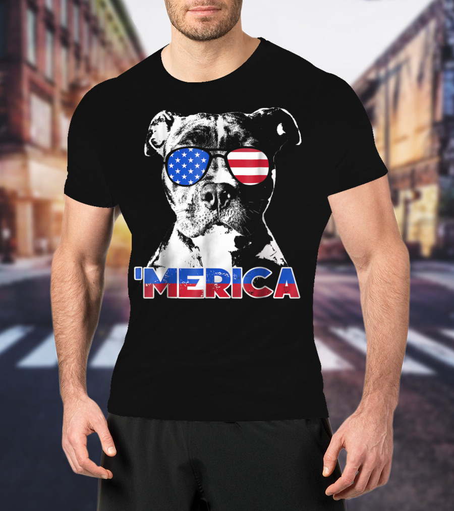 Patriot Pitbull 'Merica With American Flag Sunglasses T-Shirt