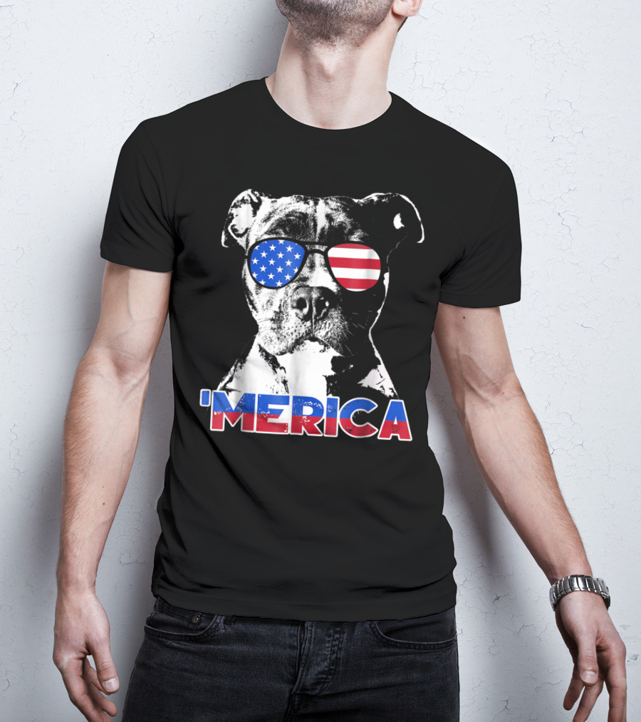 Patriot Pitbull 'Merica With American Flag Sunglasses T-Shirt