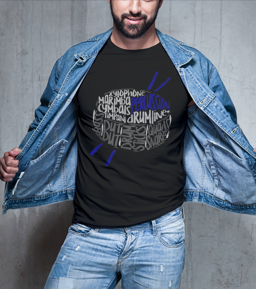 Percussion Drumline Word Cloud With Xylophone Cymbals Timpani Snare Quads Sticks Bass Duty T-Shirt