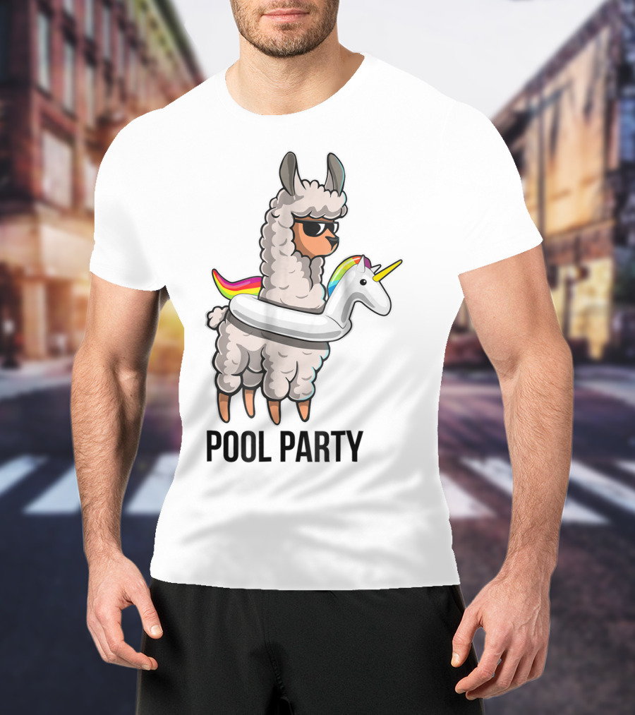 Pool Party Llama With Unicorn Float Funny Llama T-Shirt