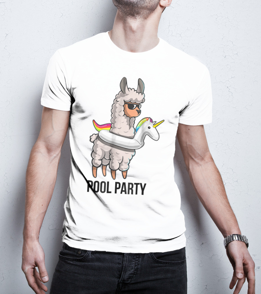 Pool Party Llama With Unicorn Float Funny Llama T-Shirt
