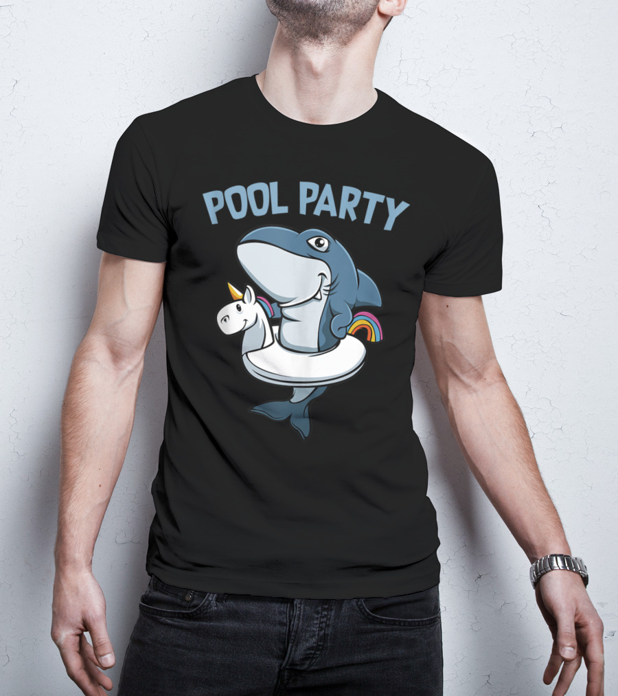 Pool Party Shark With Unicorn Float Rainbow Funny Summer Beach T-Shirt
