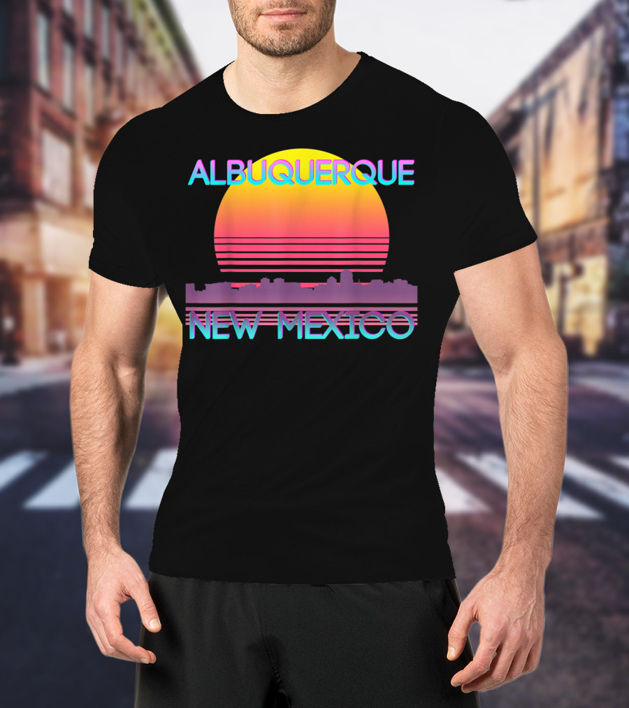 Albuquerque New Mexico Retro Vaporwave Skyline Sunset T-Shirt