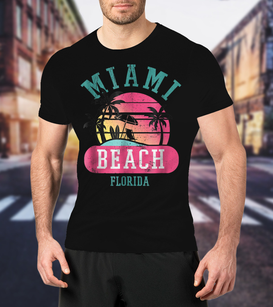 Miami Beach Florida Retro Cool Sun And Palm Trees T-Shirt