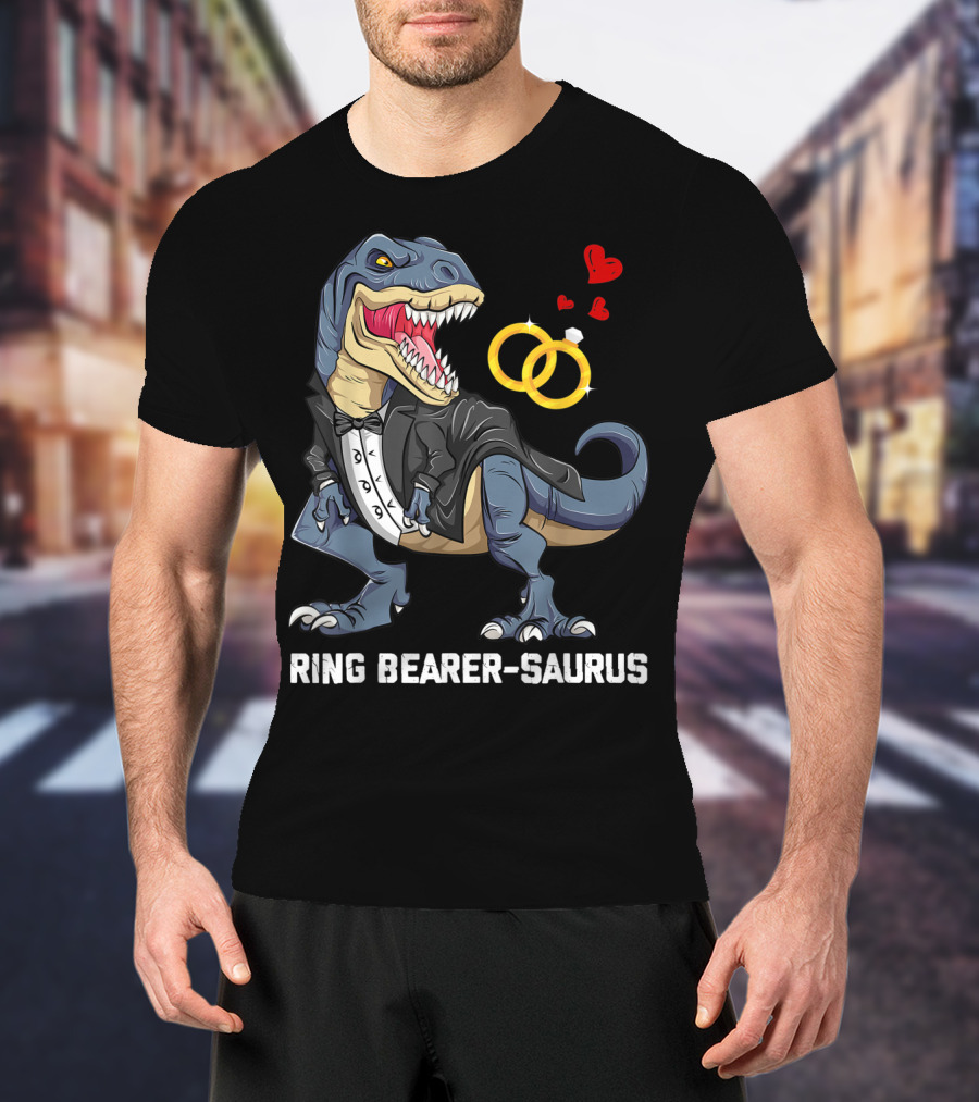 Rex Dinosaur Ring Bearer Saurus In Tuxedo With Wedding Rings And Hearts T-Shirt