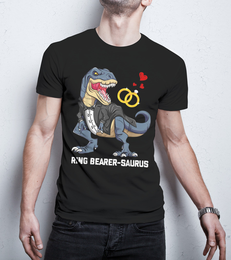 Rex Dinosaur Ring Bearer Saurus In Tuxedo With Wedding Rings And Hearts T-Shirt