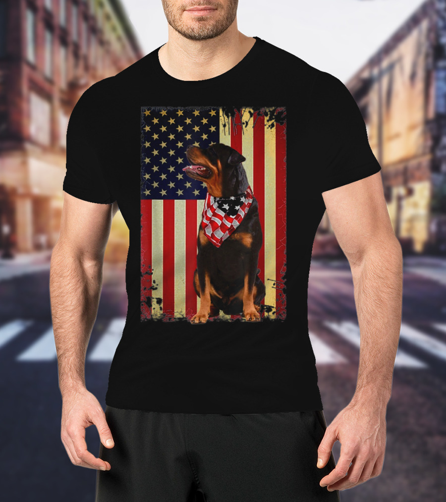 Rottweiler Smile American Flag Patriotic Independence T-Shirt