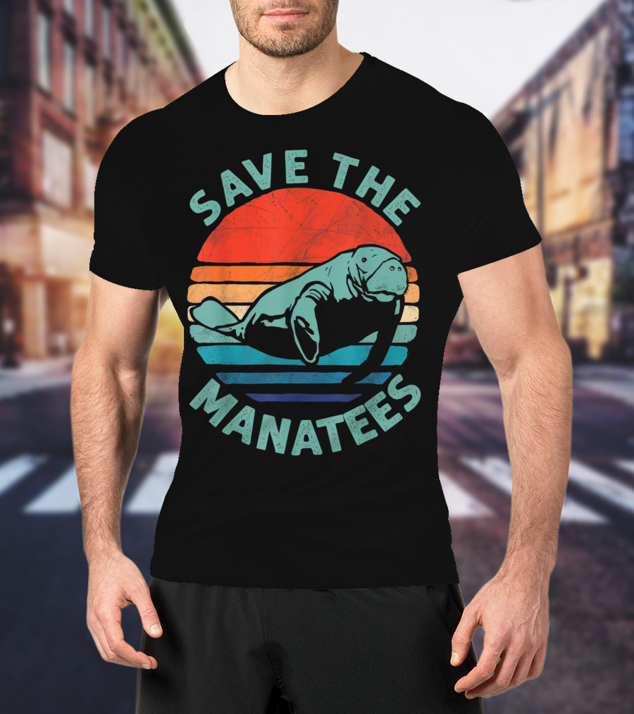 Save The Manatees Retro Stripes Sunset T-Shirt