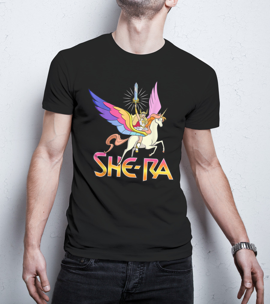 She Ra Riding A Winged Unicorn Holding Sword Of Protection T-Shirt
