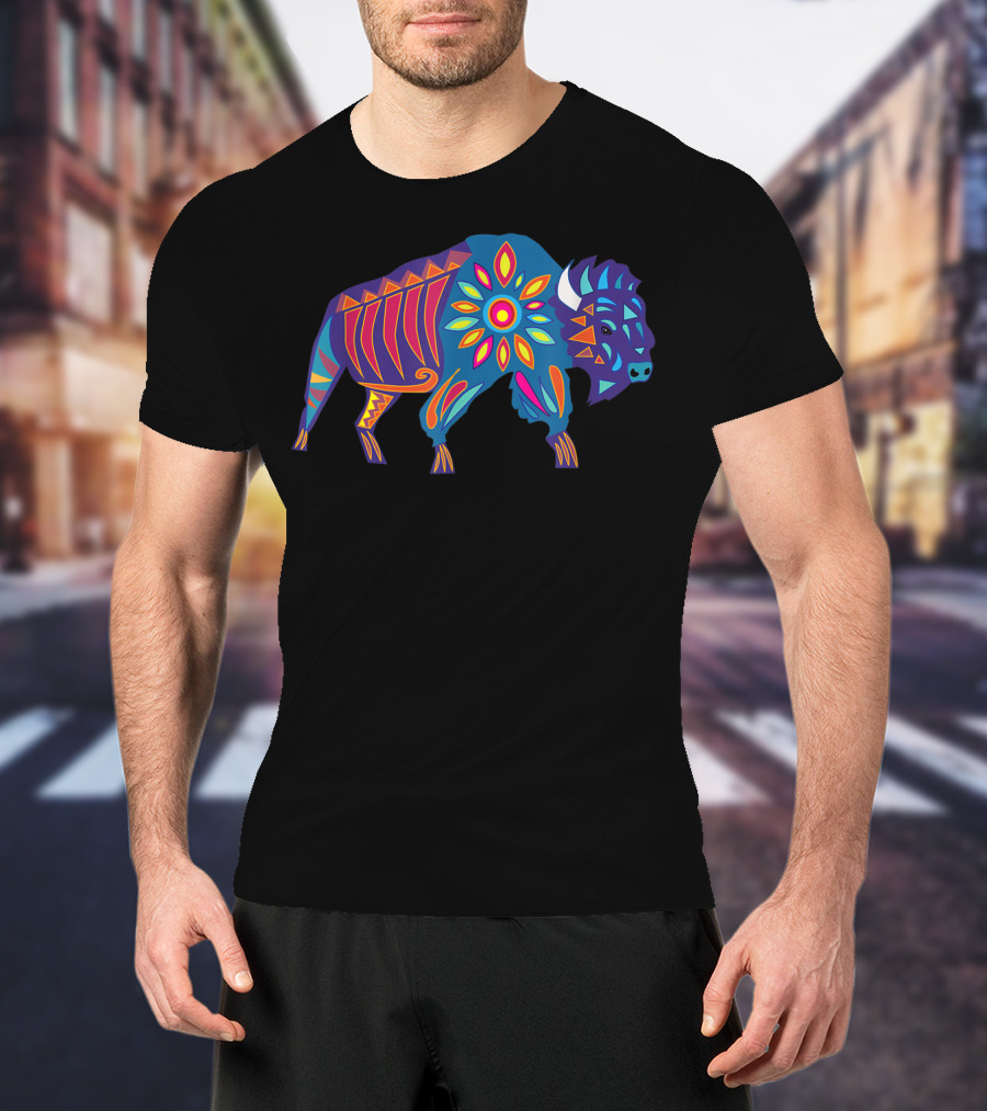 Vibrant Sunflower Buffalo In Colorful Geometric T-Shirt