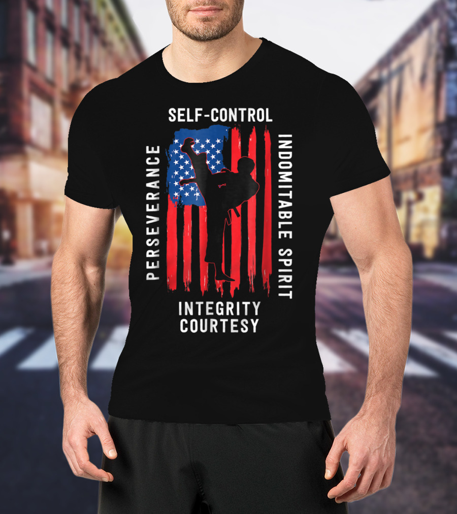 Taekwondo USA Flag Perseverance Courtesy Integrity Self-Control Indomitable Spirit T-Shirt