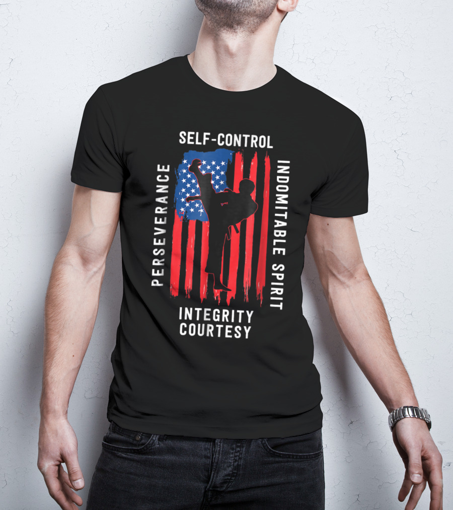 Taekwondo USA Flag Perseverance Courtesy Integrity Self-Control Indomitable Spirit T-Shirt