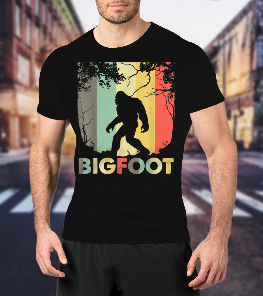 Bigfoot Silhouette Retro Forest Stripes T-Shirt