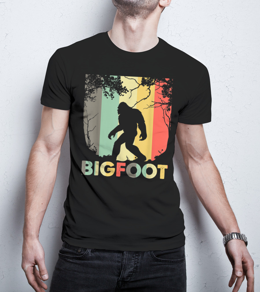 Bigfoot Silhouette Retro Forest Stripes T-Shirt