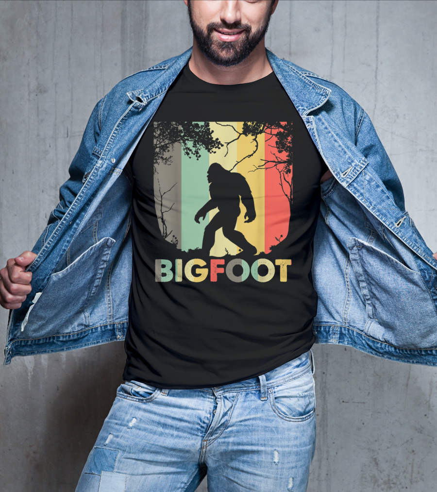 Bigfoot Silhouette Retro Forest Stripes T-Shirt