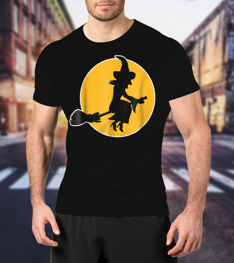 Witch Silhouette Flying Over Yellow Moon T-Shirt