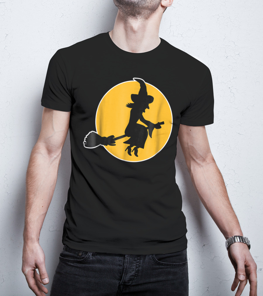 Witch Silhouette Flying Over Yellow Moon T-Shirt