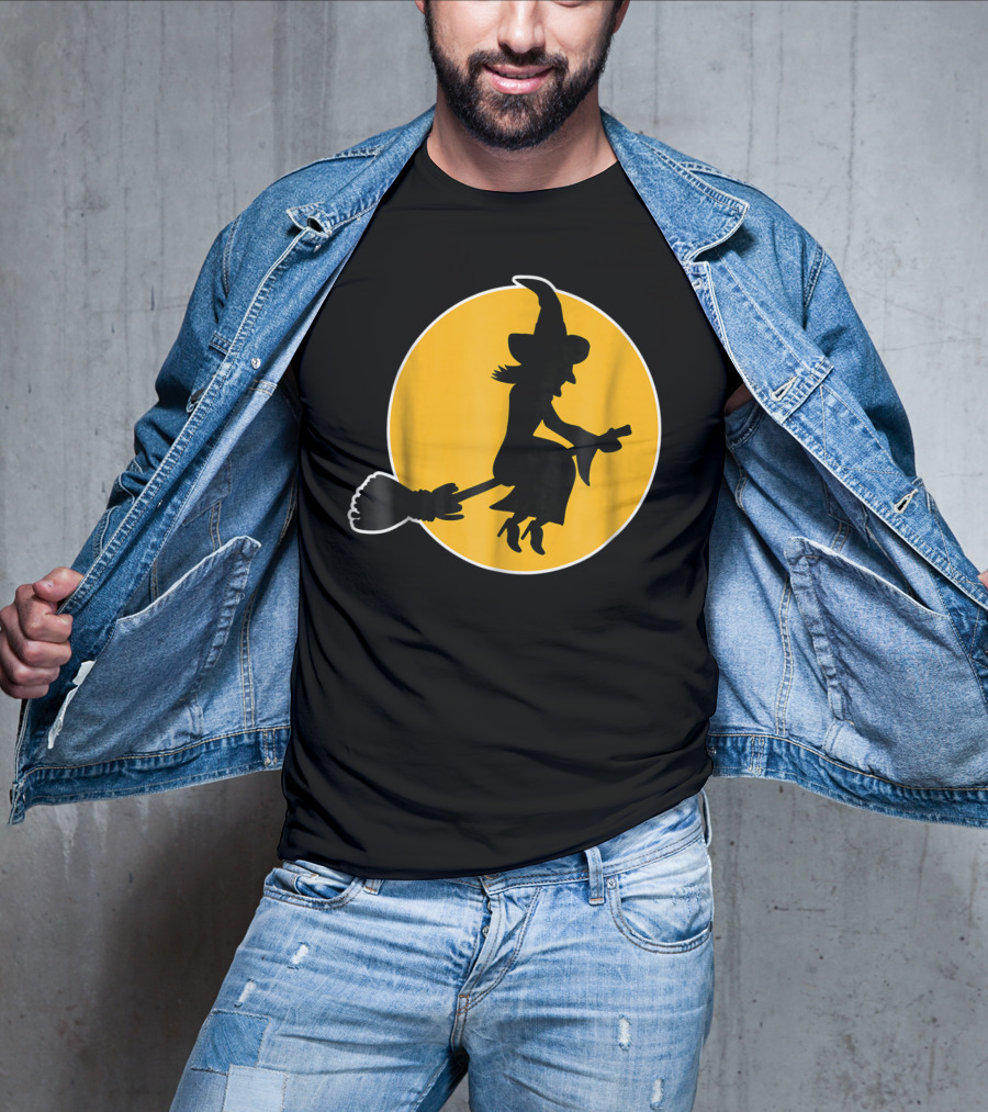 Witch Silhouette Flying Over Yellow Moon T-Shirt