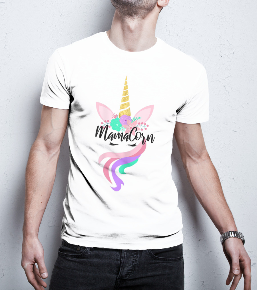 Mamacorn Cute Unicorn Gold Horn Floral Ears Rainbow Mane T-Shirt