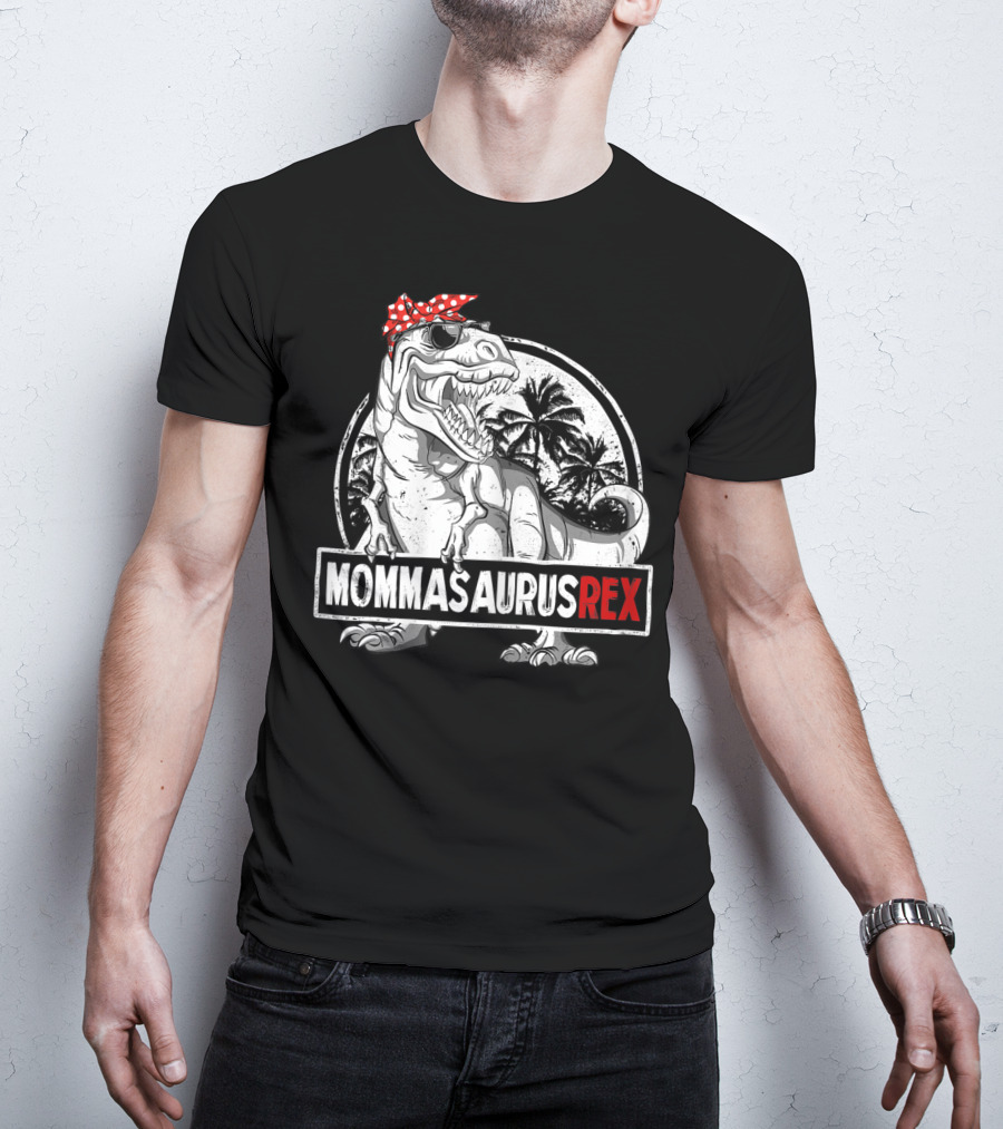 Mommasaurus Rex Dinosaur With Red Bandana And Palm Trees T-Shirt