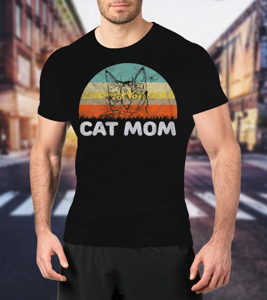 Retro Style Cat Mom With Vintage Sunset Stripes T-Shirt