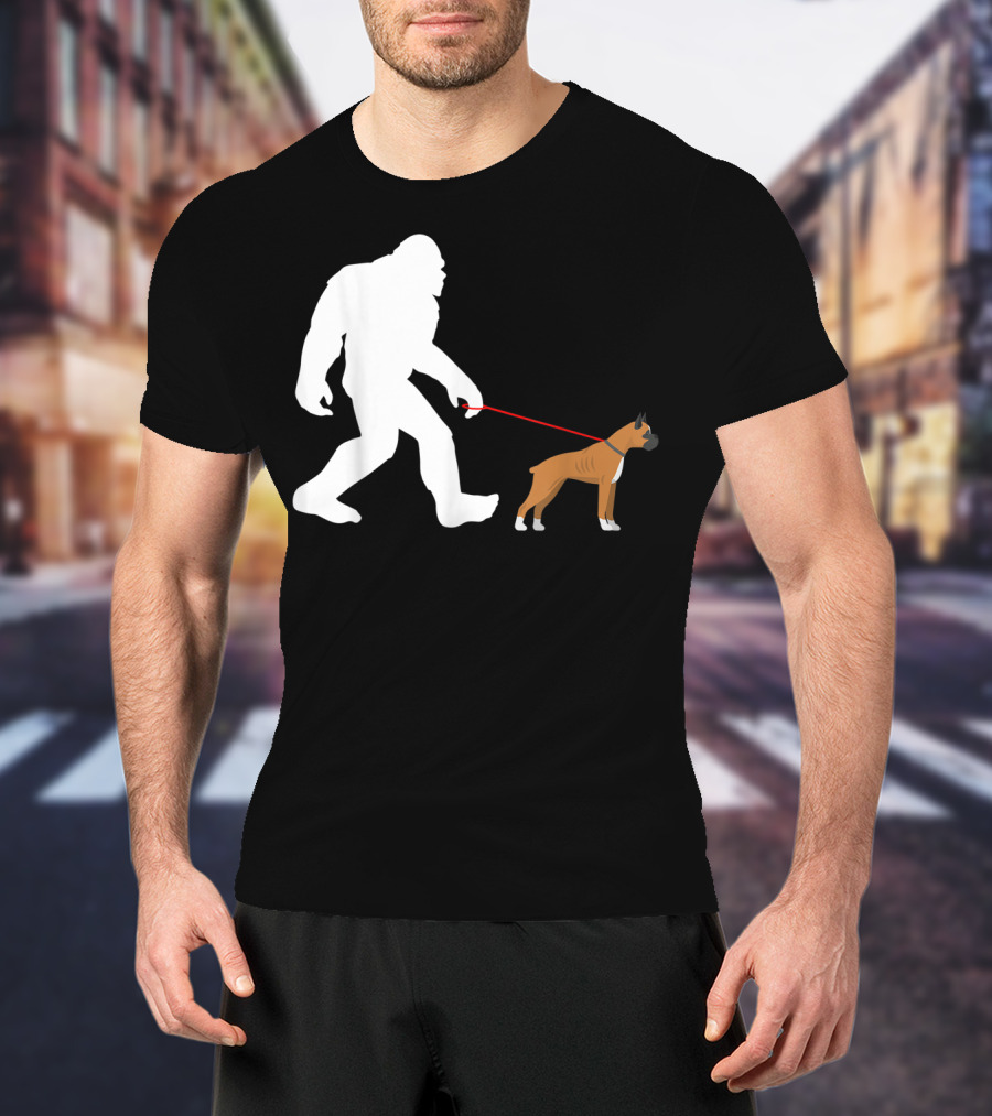 Bigfoot Sasquatch Walking Boxer Dog Novelty T-Shirt