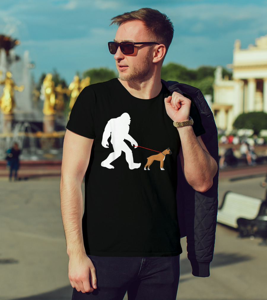 Bigfoot Sasquatch Walking Boxer Dog Novelty T-Shirt