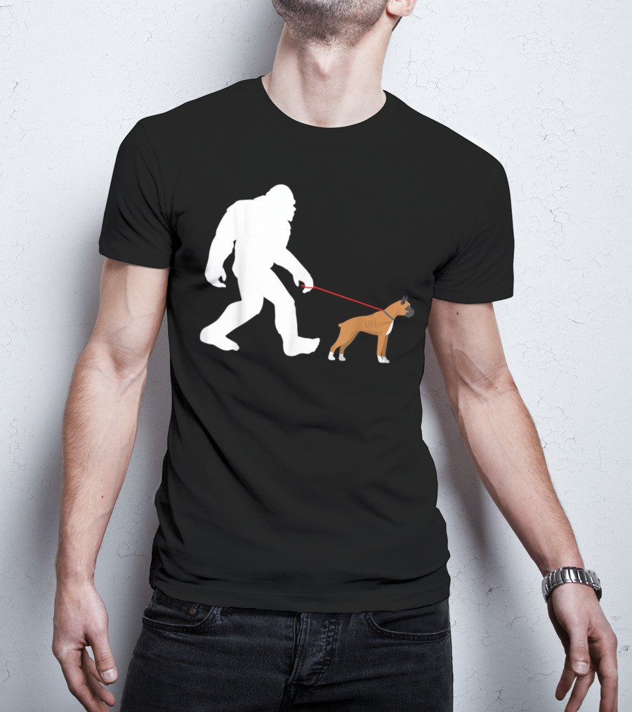 Bigfoot Sasquatch Walking Boxer Dog Novelty T-Shirt