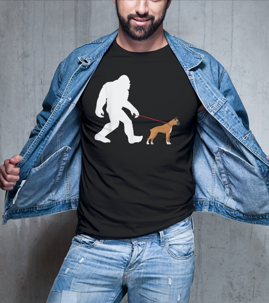 Bigfoot Sasquatch Walking Boxer Dog Novelty T-Shirt