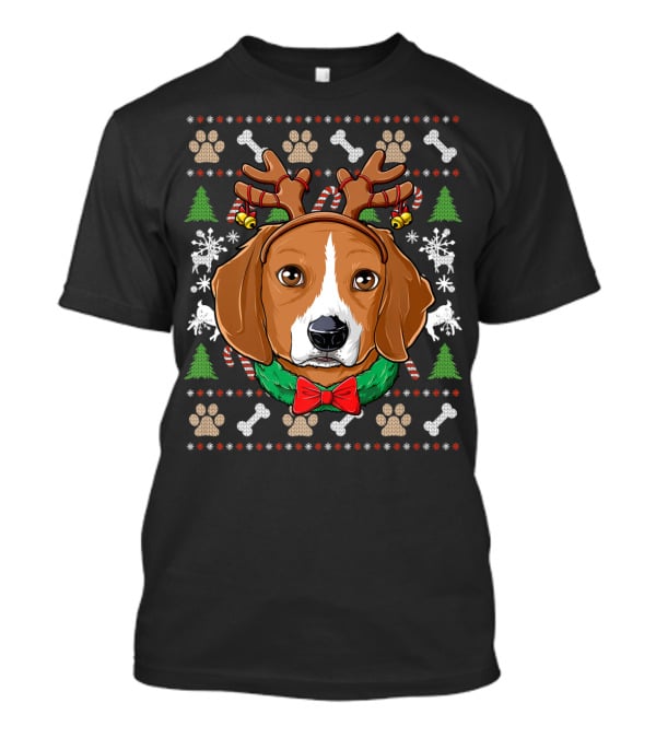 Beagle Reindeer Antlers Ugly Christmas Sweater Paw Prints T-Shirt