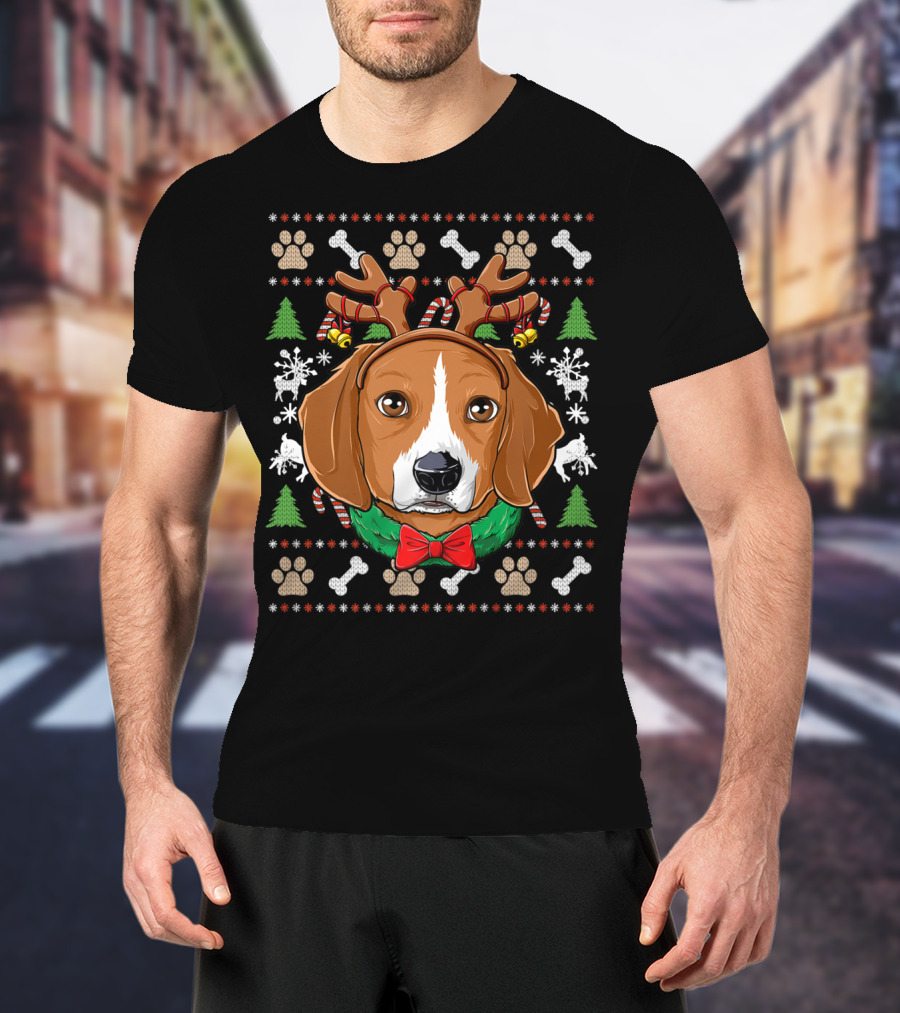 Beagle Reindeer Antlers Ugly Christmas Sweater Paw Prints T-Shirt