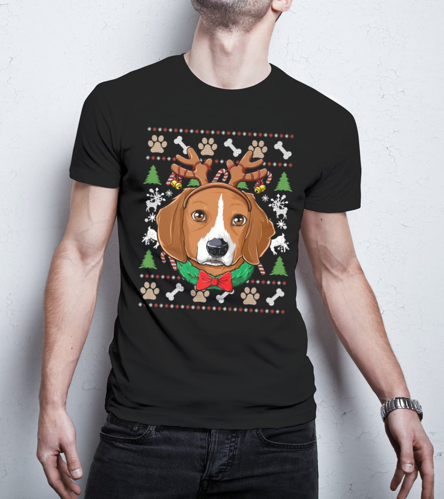 Beagle Reindeer Antlers Ugly Christmas Sweater Paw Prints T-Shirt