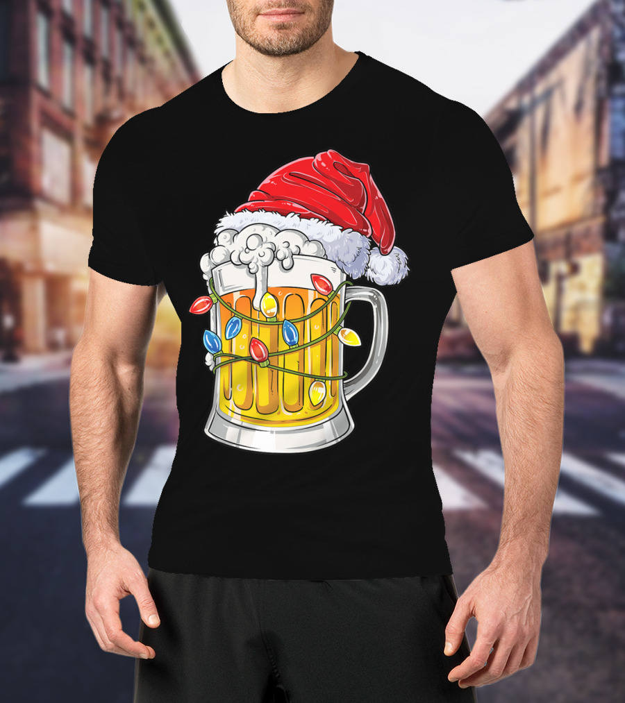 Beer Santa Hat Christmas Lights Holiday Cheer T-Shirt