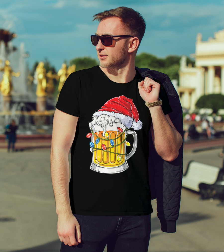 Beer Santa Hat Christmas Lights Holiday Cheer T-Shirt