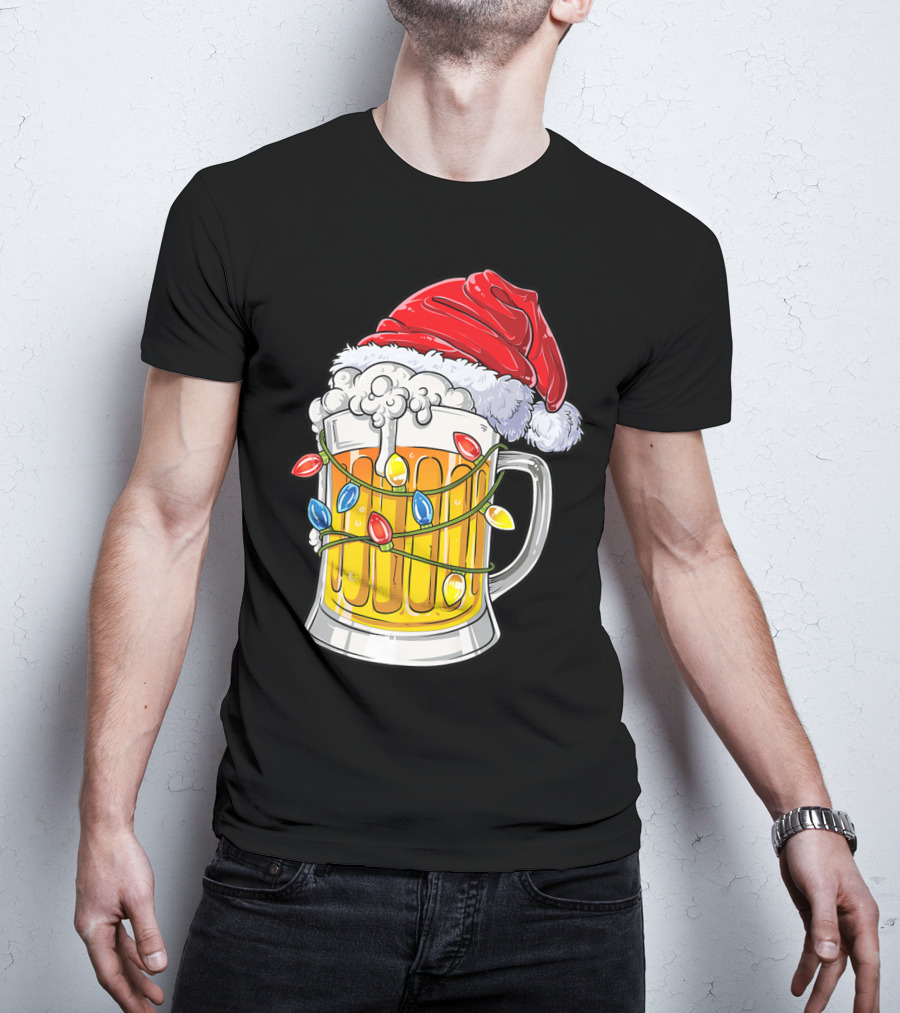 Beer Santa Hat Christmas Lights Holiday Cheer T-Shirt