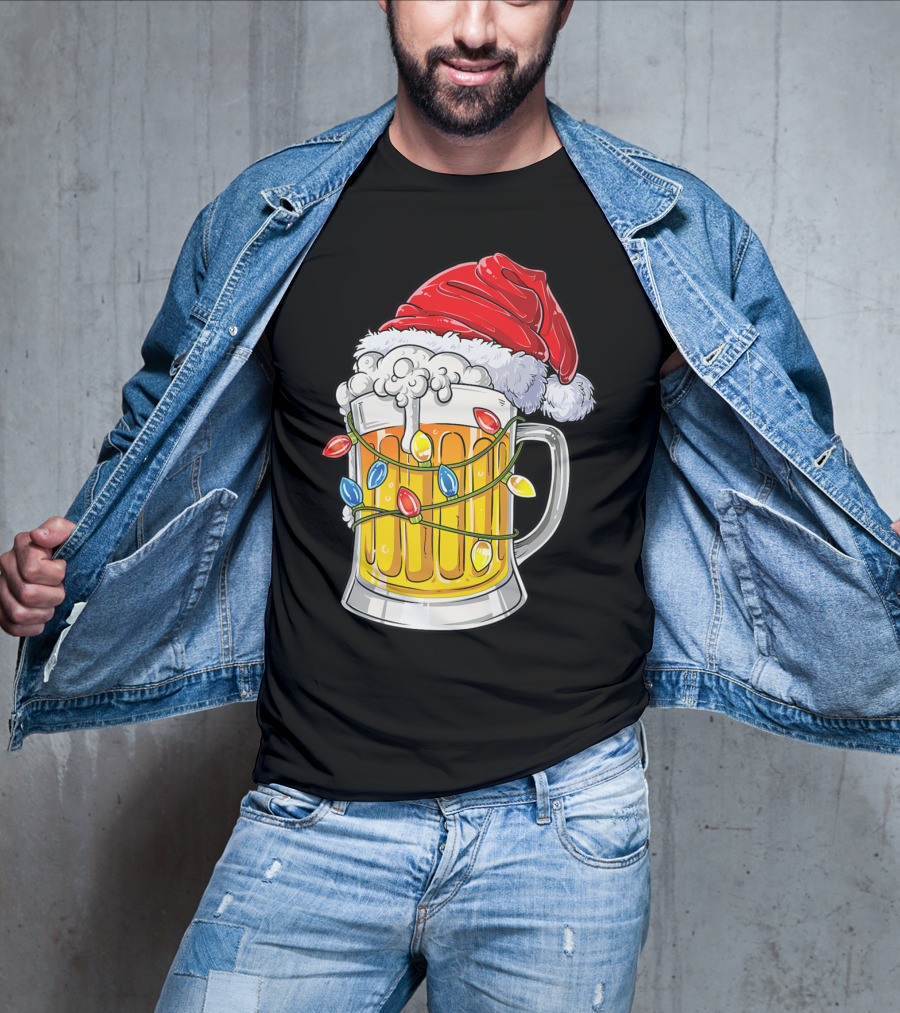 Beer Santa Hat Christmas Lights Holiday Cheer T-Shirt