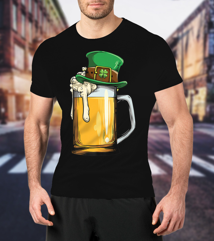 Leprechaun Hat Overflowing Beer Mug With Shamrock Foam T-Shirt