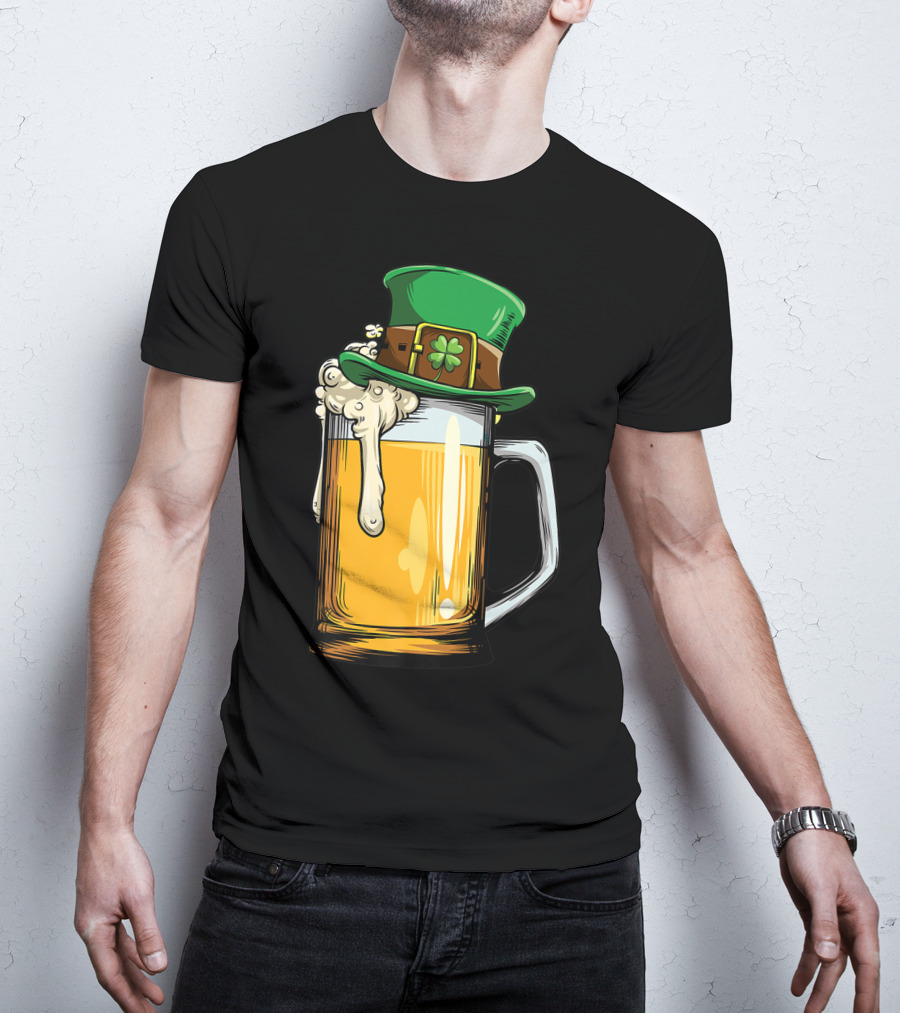 Leprechaun Hat Overflowing Beer Mug With Shamrock Foam T-Shirt