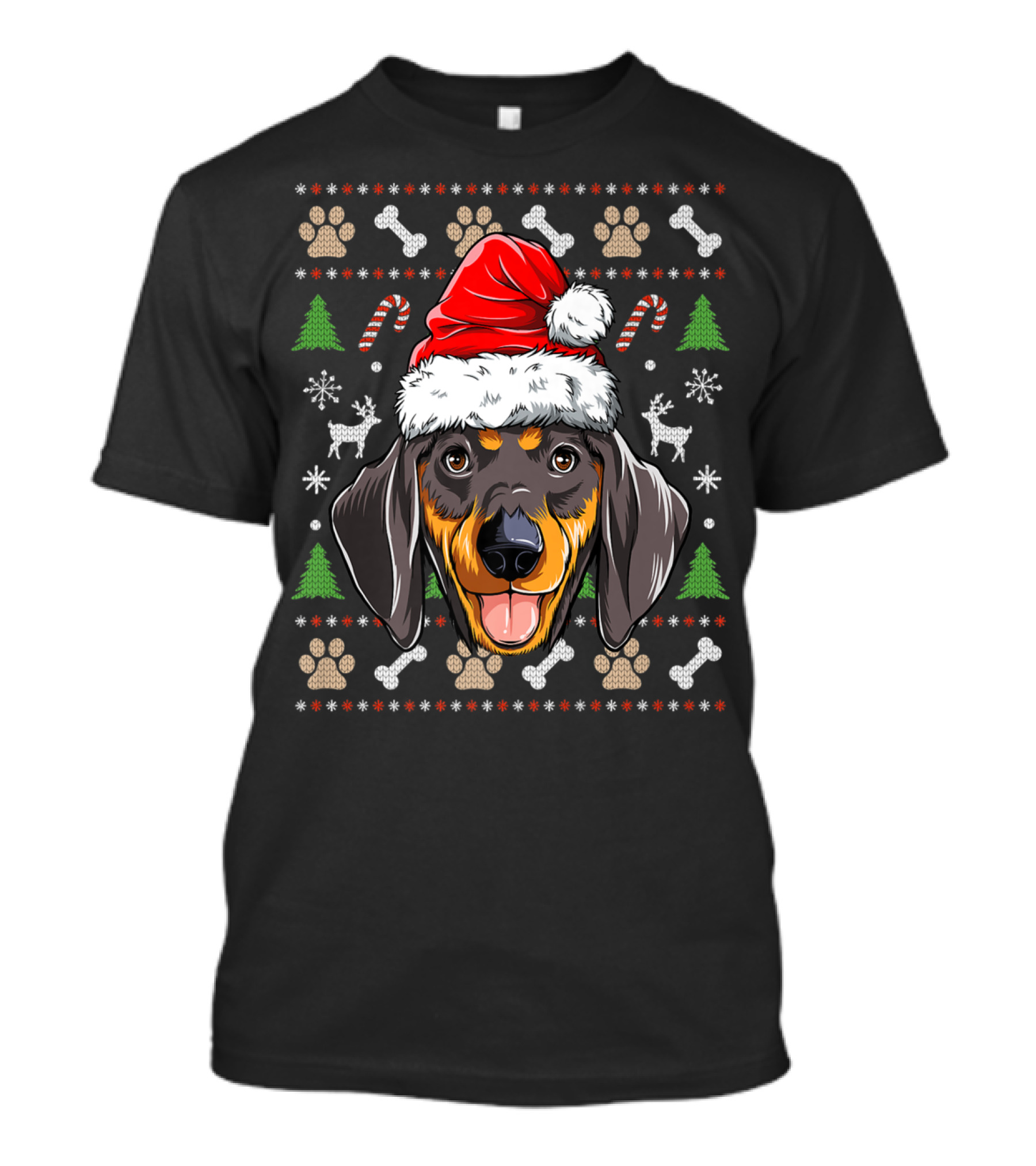 Dachshund Christmas Santa Hat Ugly Sweater Dog With Trees And Candy Canes T-Shirt