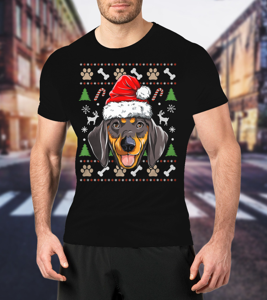 Dachshund Christmas Santa Hat Ugly Sweater Dog With Trees And Candy Canes T-Shirt