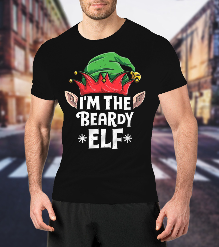 I'm The Beardy Elf With Festive Green Hat And Red Jingle Bell Motif T-Shirt