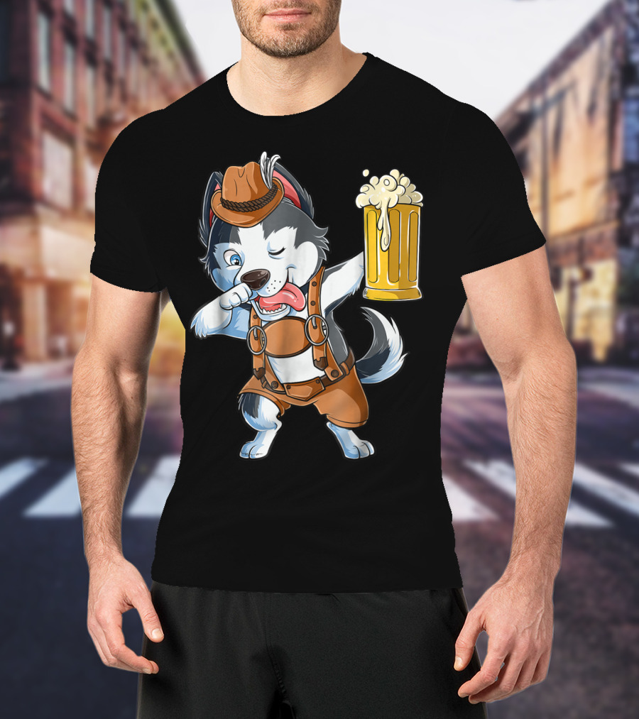 Dabbing Siberian Husky Oktoberfest Lederhosen Beer Mug T-Shirt