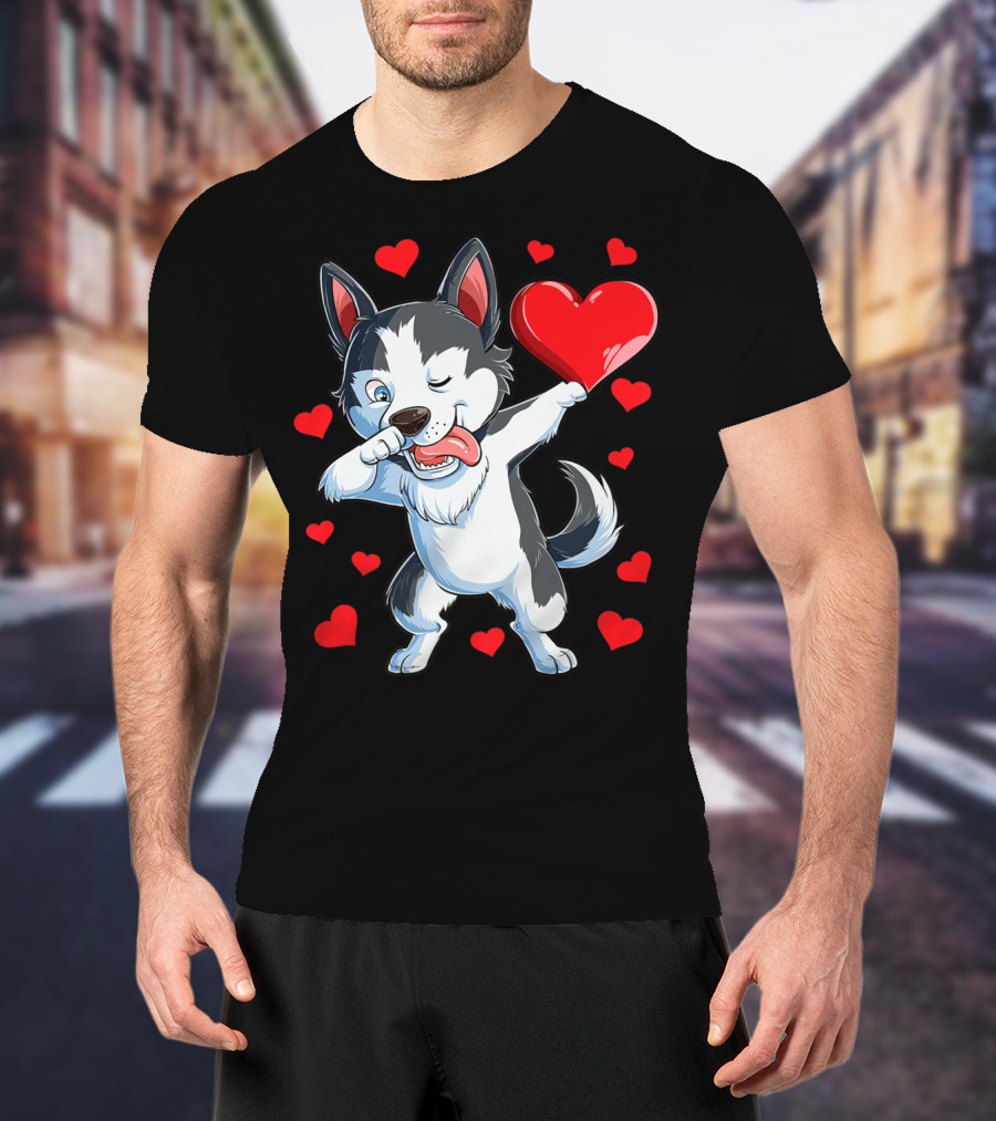 Dabbing Siberian Husky Holding Heart Surrounded By Red Valentine Hearts T-Shirt