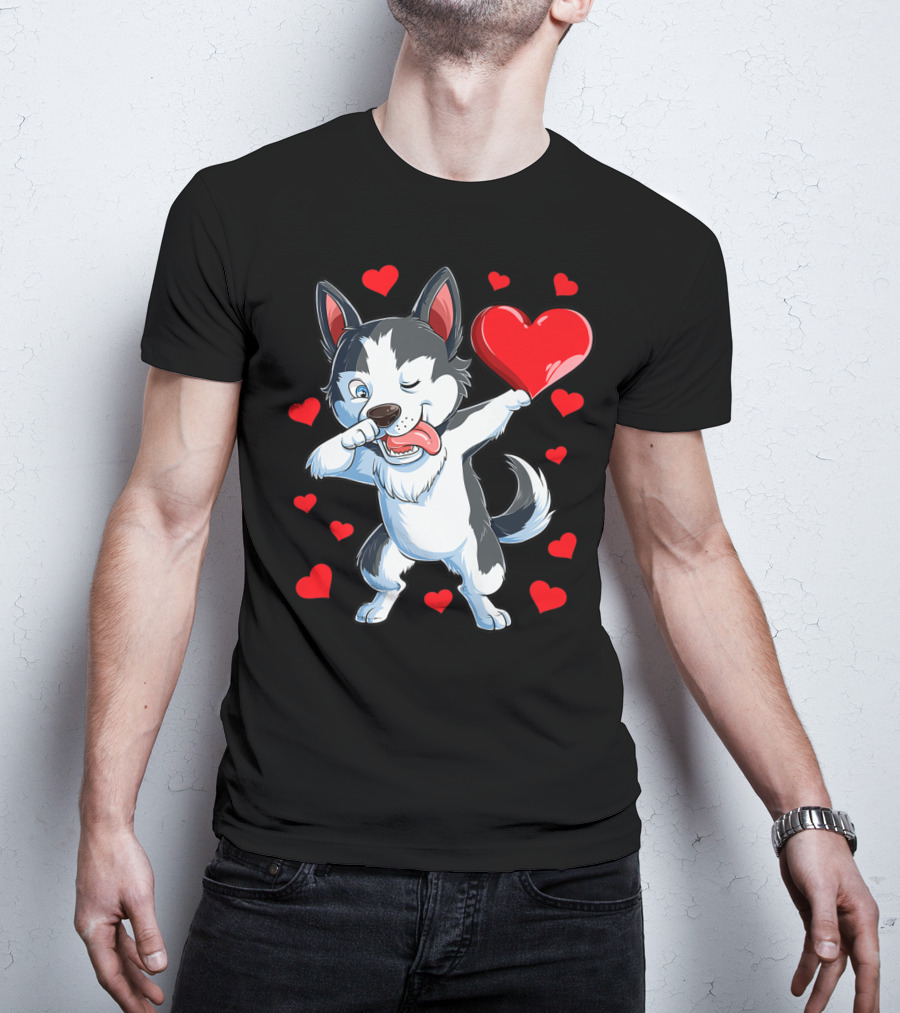 Dabbing Siberian Husky Holding Heart Surrounded By Red Valentine Hearts T-Shirt