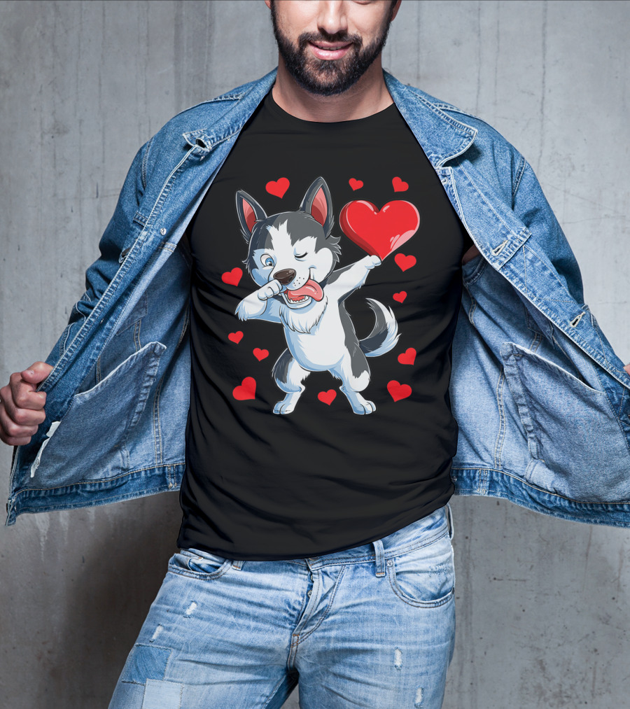 Dabbing Siberian Husky Holding Heart Surrounded By Red Valentine Hearts T-Shirt